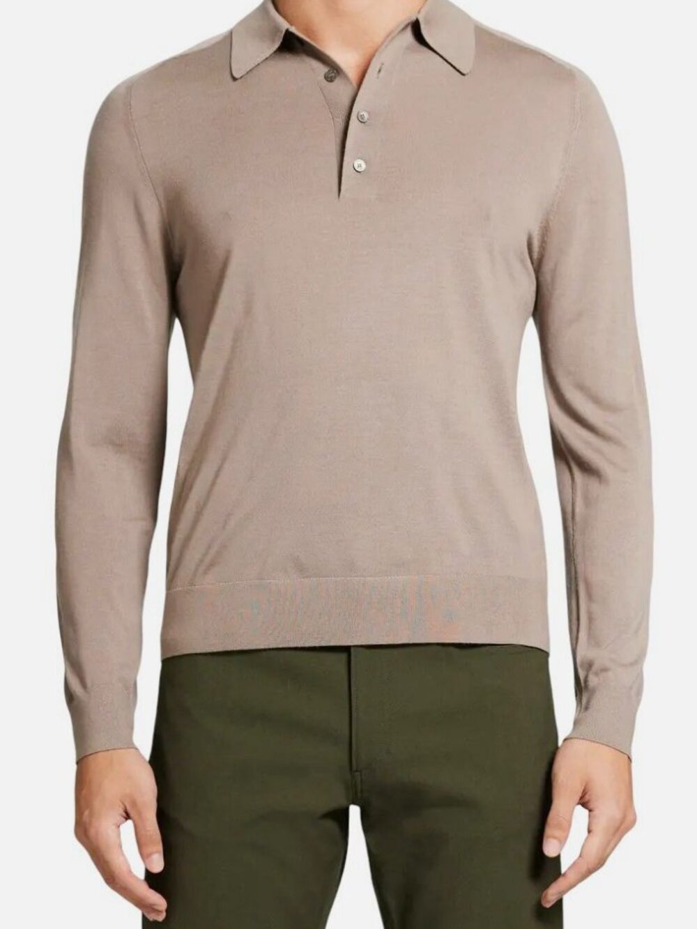Theory Men's Beige Wool Solid Collared Long Sleeve Regal Polo Shirt Size L
